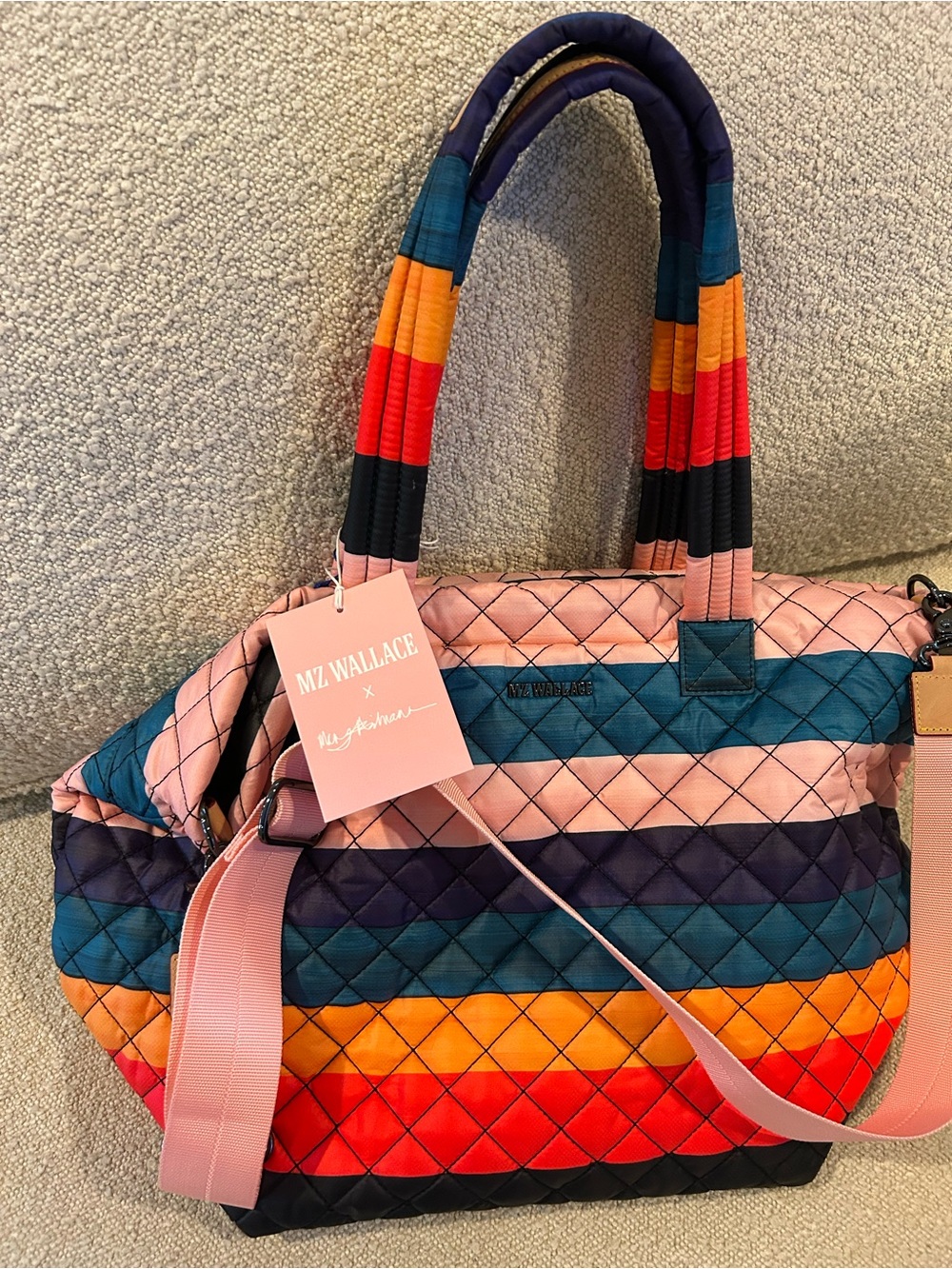 Quilted Multicolor Stripe Tote Bag - Pink, Blue, Orange - Picture 2 of 4